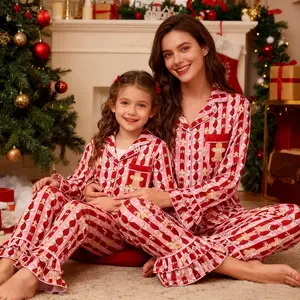 Kupretty Christmas Mommy and Me Pajamas Set Bow Gingerbread Man Print Long Sleeve Shirt with Pants Mother-Daughter Matching Holiday Pajamas Sleepwear Loungewear