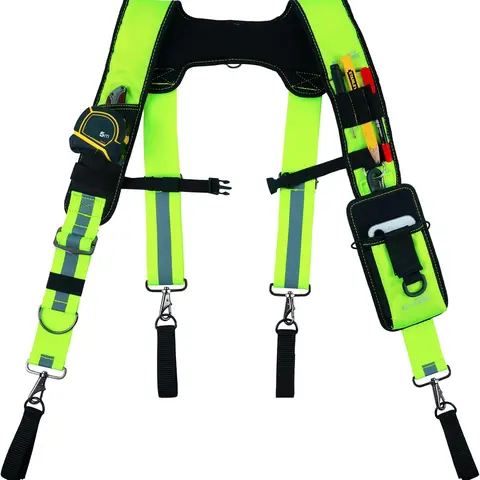 MELOTOUGH Reflective Heavy-Duty Leather Safety Suspenders for Carpenters - 2-Inch Hi-Vis Webbing, 4-Point Support Design, Padded Straps, 1680D Mesh, Breathable Mesh Foam, Adjustable Work Belt Compatibility, Tool Bag Fit, Tape Clip, Construction Rig