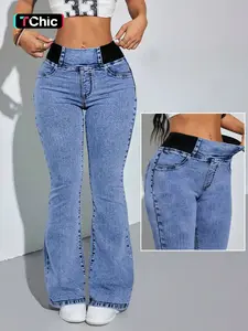 Women's Back Shirred Denim Jeans, Mid-Rise Elastic Waist, Flared & Wide-Leg, Pocketed, Light Blue Wash, Kardashian Style, Chic Fit