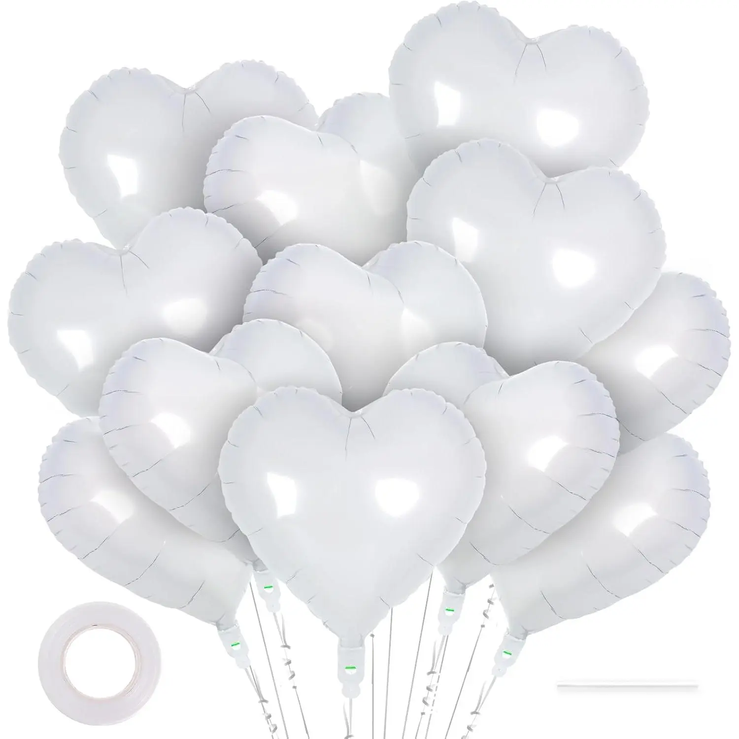 18-Inch Glossy White Heart-Shaped Foil Balloons (12 Pcs with Pump) - For Birthday, Wedding Decor, Garland, Photo Backdrops, Balloon Garland