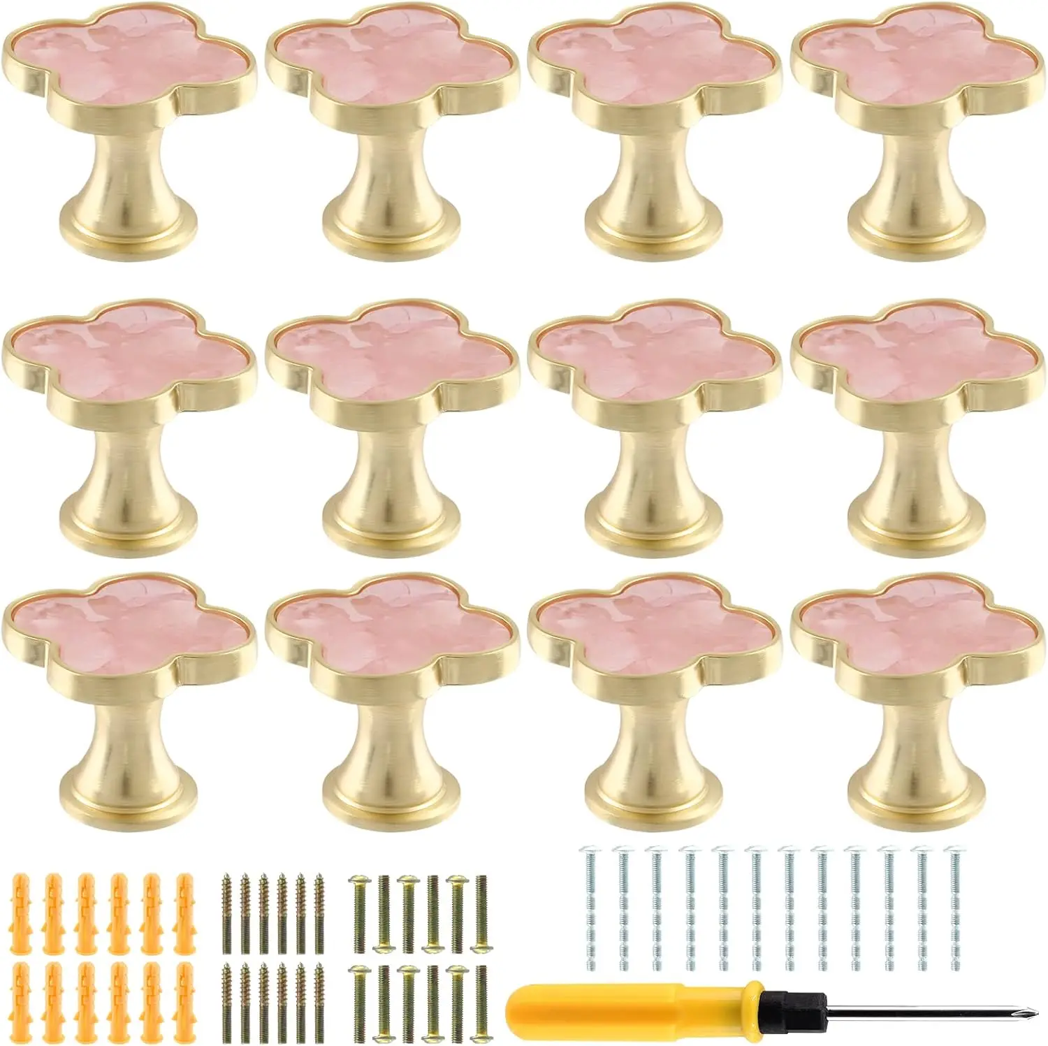 12 Pack Clover Cabinet Knobs inc Alloy Single Hole Pulls,Four-Lf Clover Drawer Handles for Dresr,Wardrobe,Vanity(12pcs,Pink)