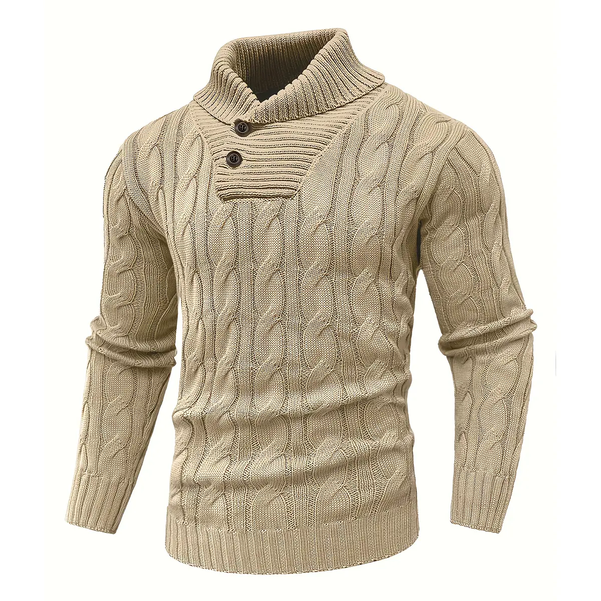Men's Cable Knit Shawl Collar Sweater, Long Sleeve Button Neck Pullover, Textured Casual Fall Winter Sweater for Work and Everyday Wear