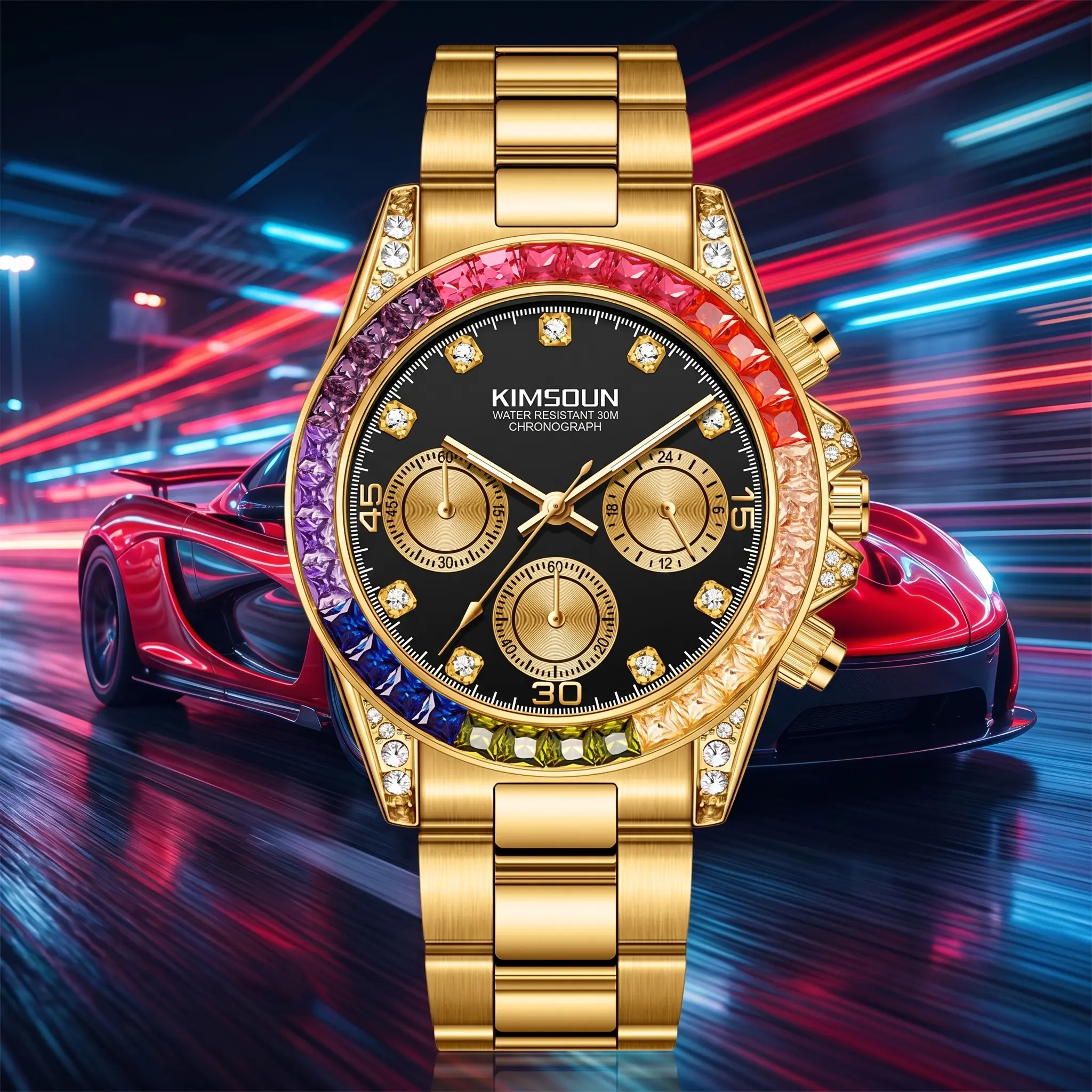 Men's Black Metal Wrist Watch - Rhinestone-Decorated Analog Quartz, Rainbow Crystal Chronograph, Luminous Date, Water-Resistant, for Party Daily Wear, Birthday Gift with Box, Black Metal Wrist Watches