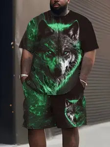 Men's Plus Size 3D Digital Wolf Print T-Shirt Shorts Set, Polyester Fiber, Summer Sports, Party Travel Gift