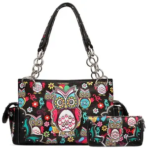 Owl Pattern Handbag & Wallet Set - Colorful Floral Design with Chain Strap - Perfect for Everyday Use