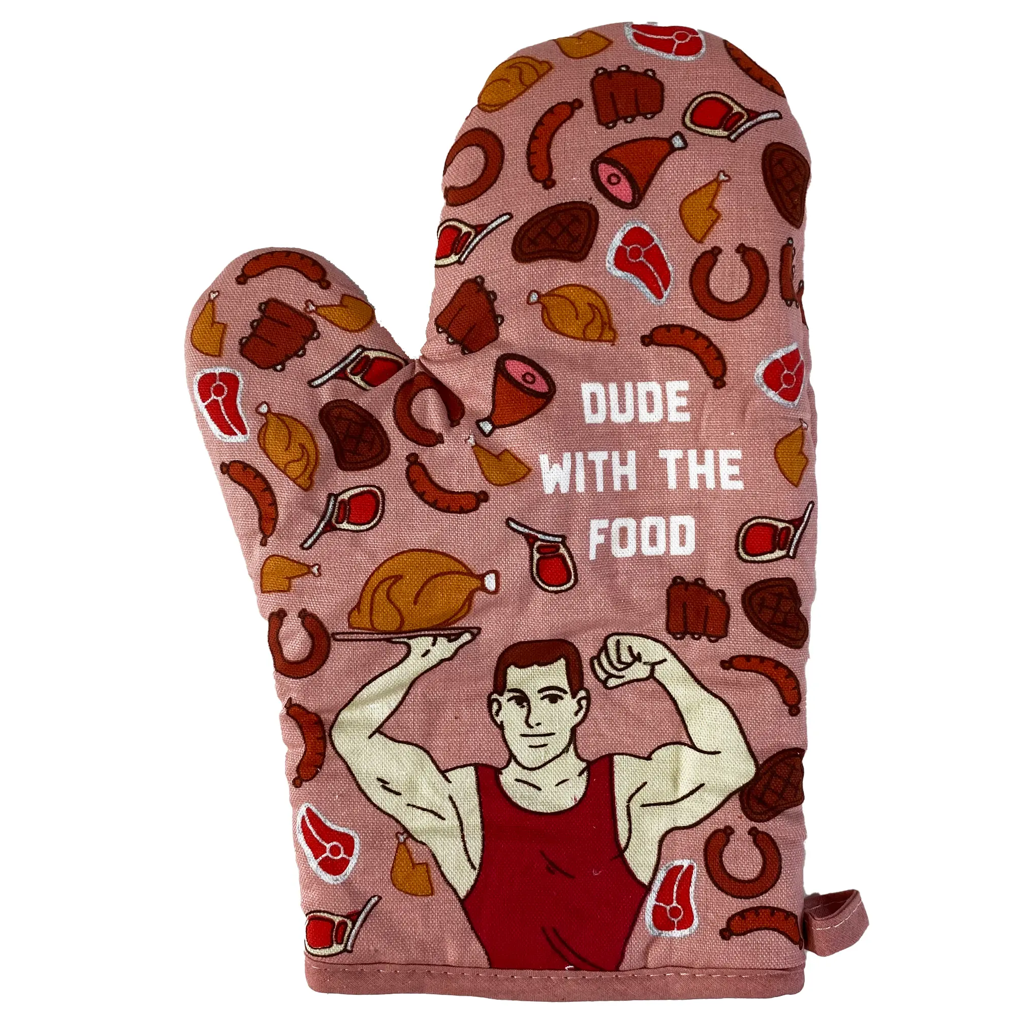 Dude With The Food Oven Mitt Funny Meat Chef BBQ Protein Graphic Kitchen Glove Funny Graphic Kitchenware Bakeware Fitness  Funny Food  Novelty Cookware Pink