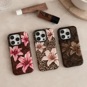 Leopard Print Floral,for Girls iPhone Case with Pink Lilies Durable Shockproof Cover for iPhone 17 16 15 14 13 12 11 Pro Max Plus Air 7 8 GalaxyS26 S25 S24 S23 S22 S21Ultra Plus FE   Tough Accessories Trendy  Polycarbonate TPU Impact Resistant