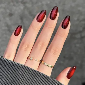 24pcs Valentine's Day Red Adhesive Nail Strips, Medium Almond Shaped False Nails With Elegant Cat Eye Design, Glossy Full Coverage Artificial Nails, Nail Art Supplies For Women And Girls French Almond Shaped Gel Nail Stickers Good for Christmas and sturdy