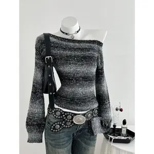 Y2k Off Shoulder Striped Sweater Goth Punk Fall Cropped Sweater Pullover