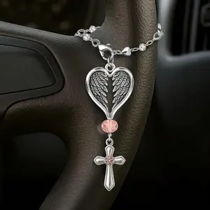 1Pc Guardian Heart Wing Cross Charm - Car/Steering Wheel/Handbag Pendant Silver Tone With Pink Crystal Elegant Decor For Auto Interior & Bag Accessory，party decoration