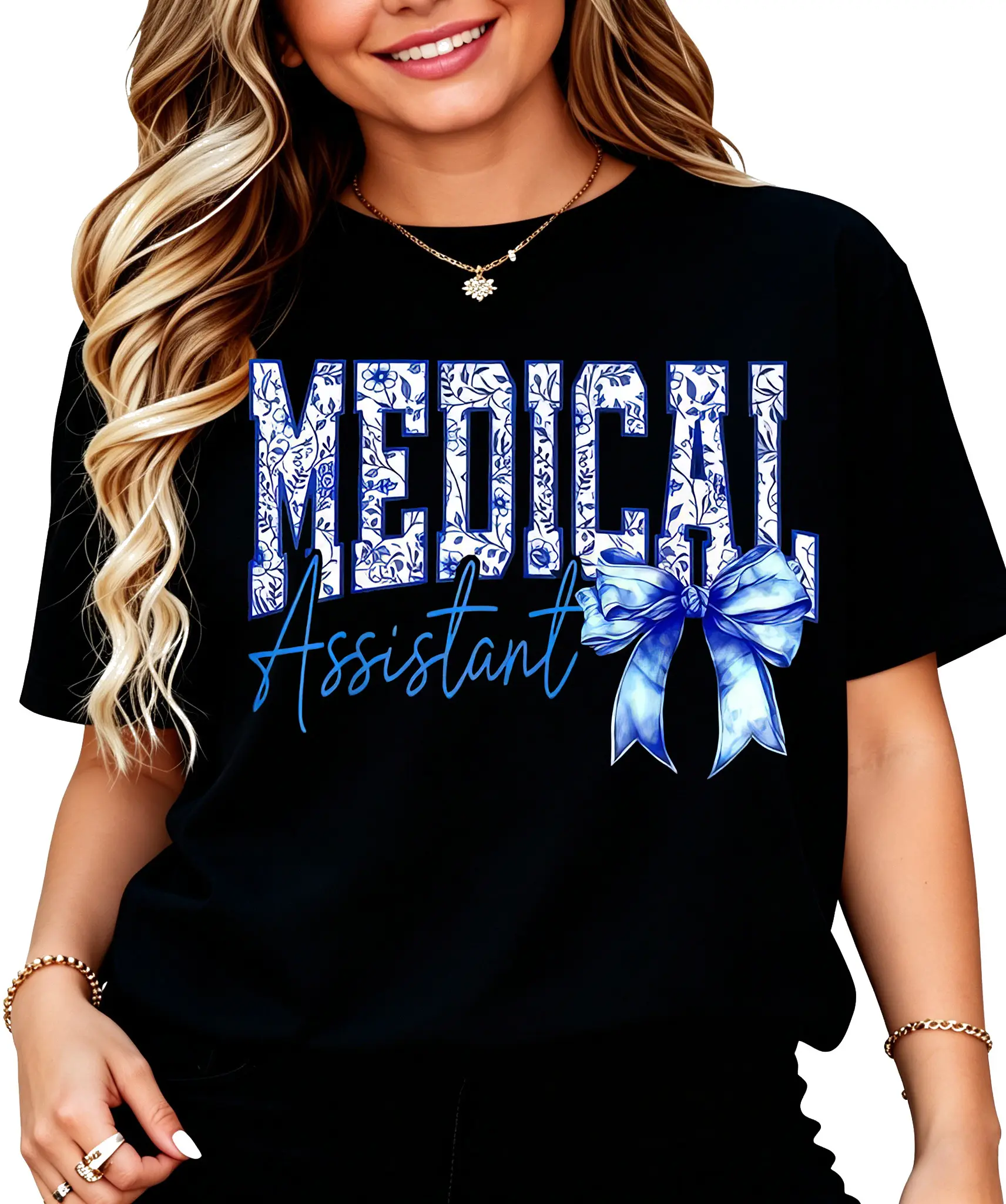 100% Cotton Unisex Retro Medical Assistant Floral Blue Coquette Bow Mothers Day T-Shirt Fit Crewneck