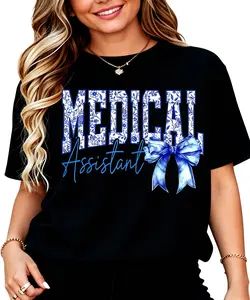 100% Cotton Unisex Retro Medical Assistant Floral Blue Coquette Bow Mothers Day T-Shirt
