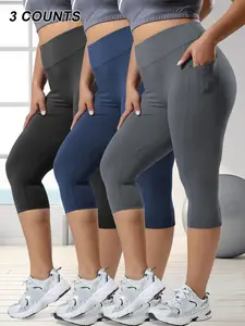Plus Size High Waist Leggings Set for Women, Solid Sports Leggings, Athletic Leggings, Stretchy Workout Leggings, Stretchy and Soft Fabric, Comfortable Summer Wear with Crescent Pockets, 3 Piece Solid Design, Athleisure Style Bottoms