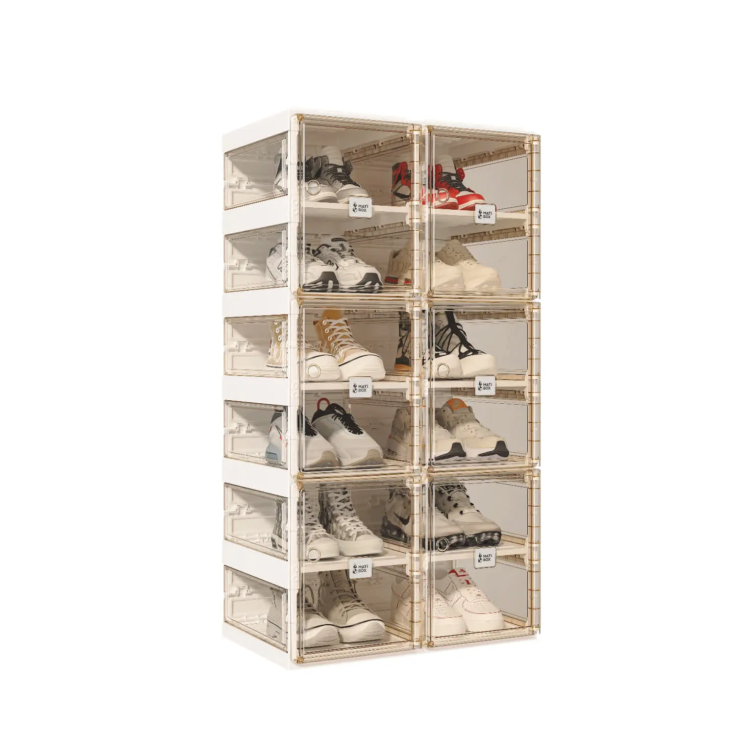 ANTBOX 6 Tier Double Column Shoe Storage Box with Magnetic Door & Brown Transparent Side Panels, Stackable Foldable Sneaker Organizer for Closet & Entryway, Large Capacity Shoe Storage System for Home Organization
