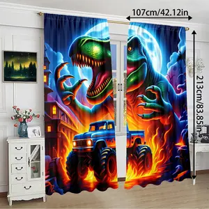 2 Piece Printed Curtains, Dinosaur and Truck Pattern, Rod Pocket Design, Easy to Hang, Vibrant Semi-Transparent Privacy Curtains