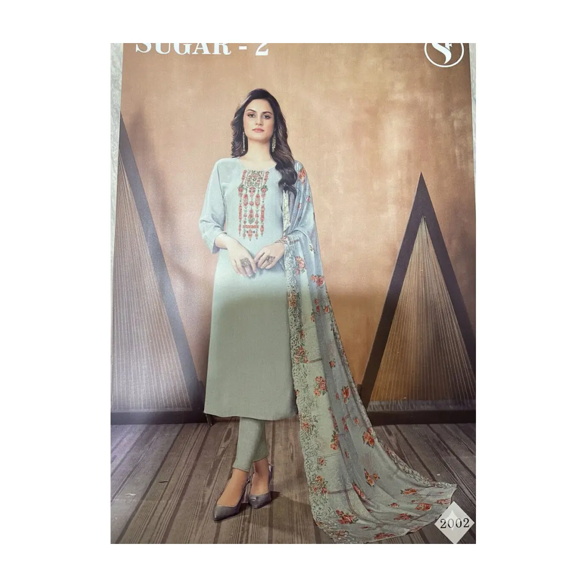#S5 Elegant pastel sage set with straight-cut kameez, Chudidhar  trouser, and flowing floral dupatta