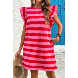Red Stripe Flutter Sleeve Round Neck Shift Mini Dress