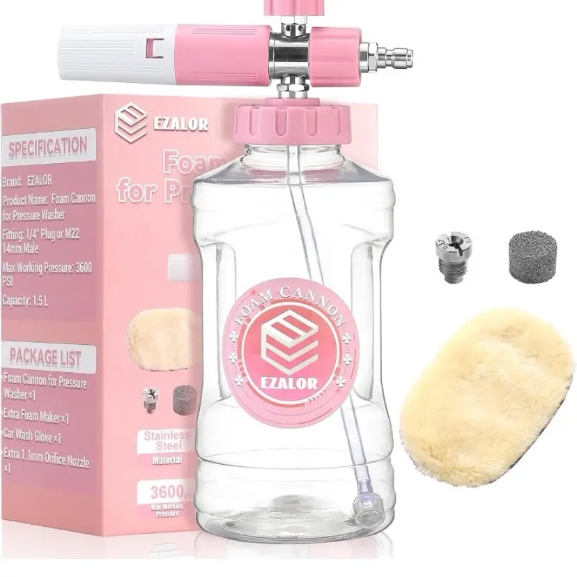 Foam Cannon, Adjustable Snow Foam Lance for Pressure Washer, Car Wash Foam Cannon with M22 14mm and 1/4 Inch Quick Connect, Additional Orifice Nozzle 1.1mm, 1.5Liter, Pink