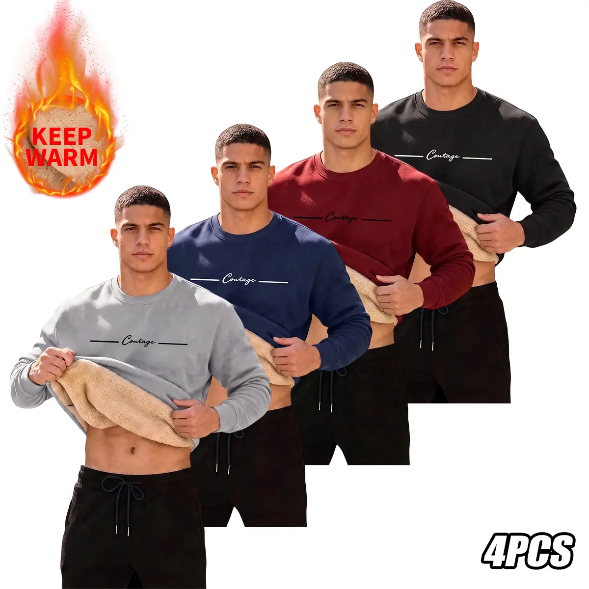 【JOGWAVE】Men’s fleece-lined warm crewneck sweatshirt, slim-fit insulated top, long-sleeve casual sports top for autumn/winter, suitable for wearing alone or layered