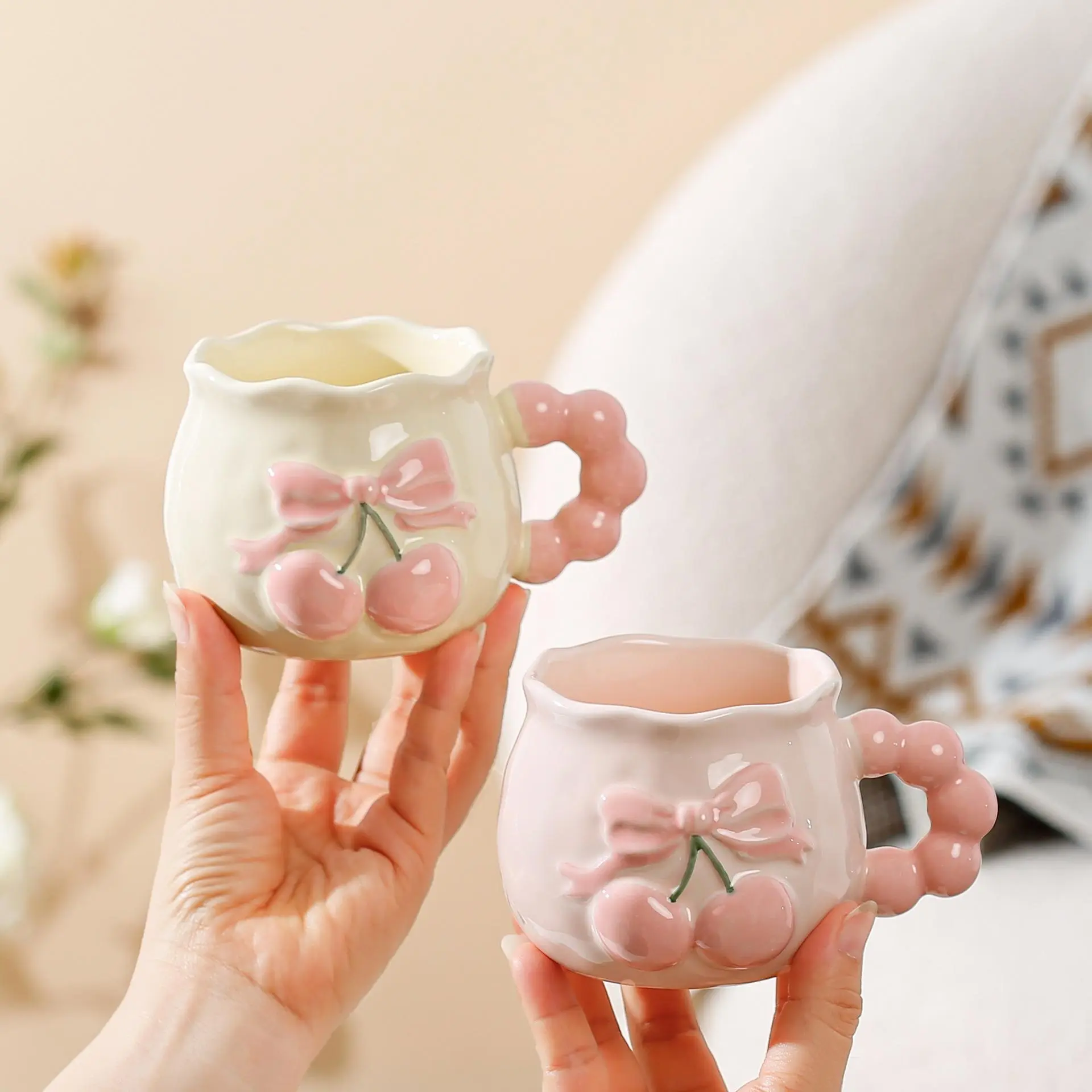 Cherry Pattern Coffee Mug with Spoon, 2 Counts/set Cute Ceramic Coffee Cup, Cute Mugs, Drinking Cup for Home Office Use, Gift for Friend, Coffee Cups Gift, Stylish Drinkware