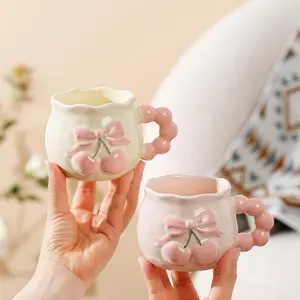 Cherry Pattern Coffee Mug with Spoon, 2 Counts/set Cute Ceramic Coffee Cup, Drinking Cup for Home Office Use, Gift for Friend, Coffee Cups Gift, Stylish Drinkware