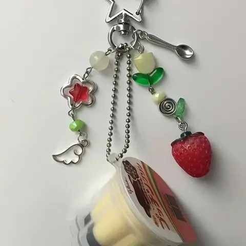 Japanese Pudding Keychain Kawaii Charm, Egg Milk Pudding Pendant, Y2K Heisei Retro Aesthetic Bead Accessories, Vintage Style Jewelry, Playful Accessory, Key Chain Cute