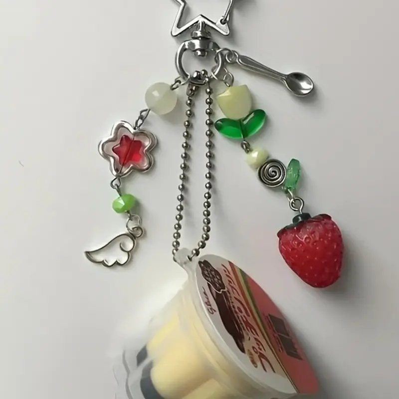 Japanese Pudding Keychain Kawaii Charm, Egg Milk Pudding Pendant, Y2K Heisei Retro Aesthetic Bead Accessories, Vintage Style Jewelry, Playful Accessory, Key Chain Cute