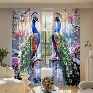 2-Pack Printed Curtains, Peacock & Floral Pattern, Rod Pocket Design, Semi-Transparent Privacy Curtains for Bedroom, Living Room, Kitchen, Closet, Home Decor