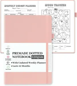 Premade  Dotted Journal Notebook, Pre-made Dot Grid Journaling with Undated Weekly & Monthly Planner, Various  - 12 Month Organization, A5 Hardcover Leather Planner Notebook with