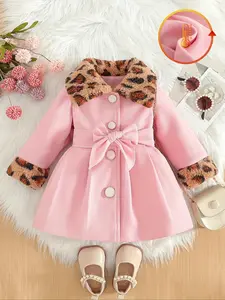 Girl's clothing, girl's jackets, sweet and cool color-blocking style, girl's winter pink plush coat with leopard print fur collar + cuffs + bow waistband, baby girl birthday gifts, Easter gifts, suitable for girls' kindergarten outfits, travel, and school