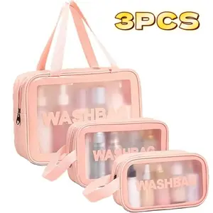 3PCS Different Size Make Up Bags with Handle, Large Capacity Translucent Travel Cosmetic Bags