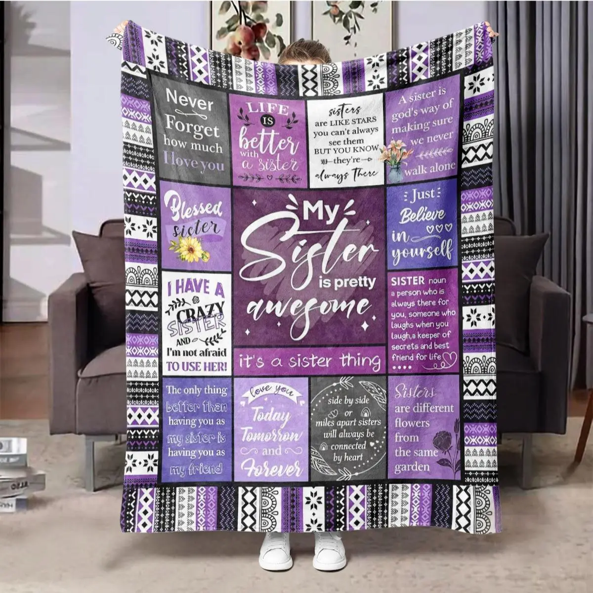 Letter Pattern Sister Themed Flannel Blanket, 1 Count Soft Comfortable Air-conditioned Room Throw, Warm Nap Blanket for Home & Office & Travel