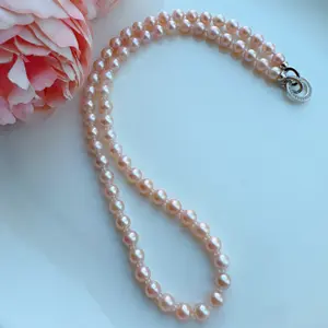 Piswency S925 Sterling Silver Freshwater Pearl Necklace in Natural Champagne Color, Genuine Seedless Round Pearls, Mother's Day Gift