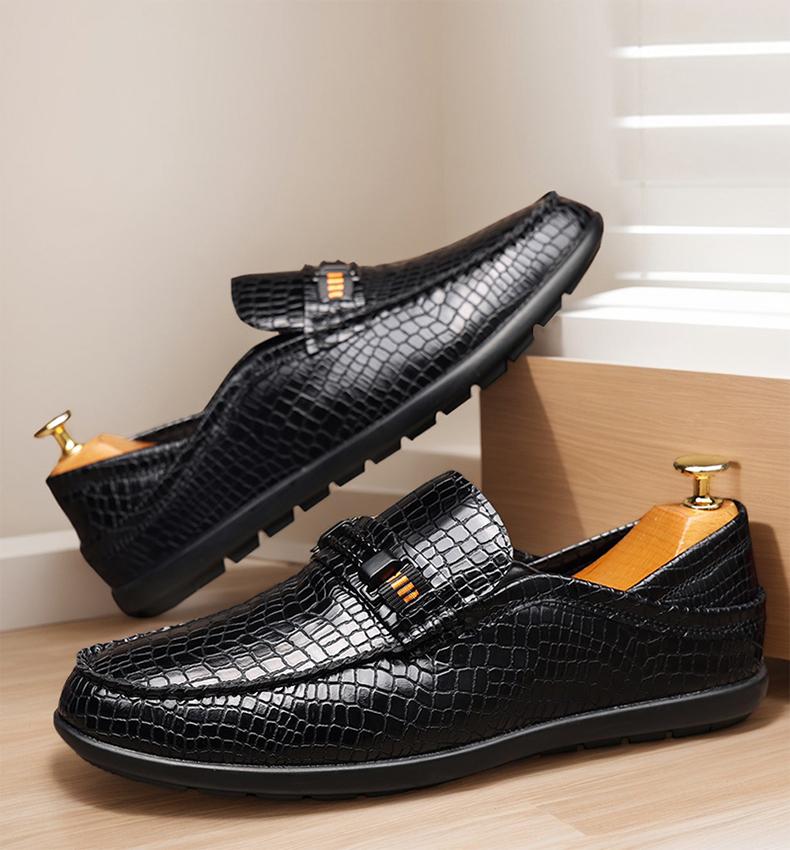 Men's Croc-Embossed Metal Bit Loafers, Black & Brown Formal Slip-On Leather Shoes25328