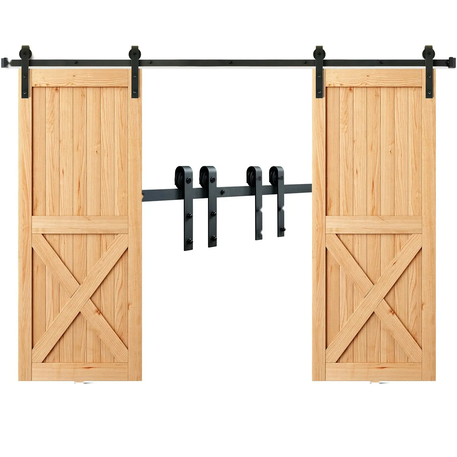 8-Foot Sliding Barn Door Hardware Kit for Double Doors, 330LBS Heavy Duty Track System with J-Shaped Pulleys, Silent Operation and Brackets; Fits Doors 3.7-4.3 Feet Wide, 1.3-1.8 Inches Thick, Includes Mounting Hardware