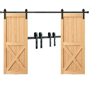 8-Foot Sliding Barn Door Hardware Kit for Double Doors, 330LBS Heavy Duty Track System with J-Shaped Pulleys, Silent Operation and Brackets; Fits Doors 3.7-4.3 Feet Wide, 1.3-1.8 Inches Thick, Includes Mounting Hardware