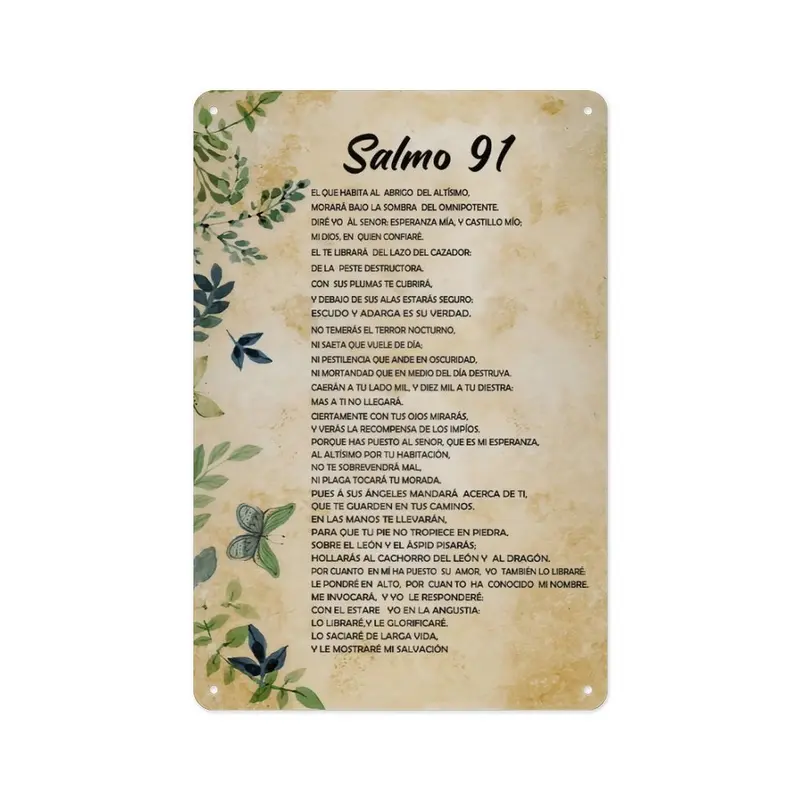 12x8in Religious Christianity Rust-Proof Metal Wall Art, Spanish Salmo 91 Bible Verse Aluminum Plaque Sign with Butterfly Accent, Pre-Drilled Hang Decor, Waterproof Indoor/Outdoor Faith Gift for Spanish Speakers’ Homes