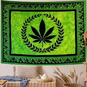 Large Horizontal Wall Hanging Made of Polyester Featuring a Green And Black Greek Key And Leaf Design, Perfect for Home Decoration And Suitable for a Botanical Theme