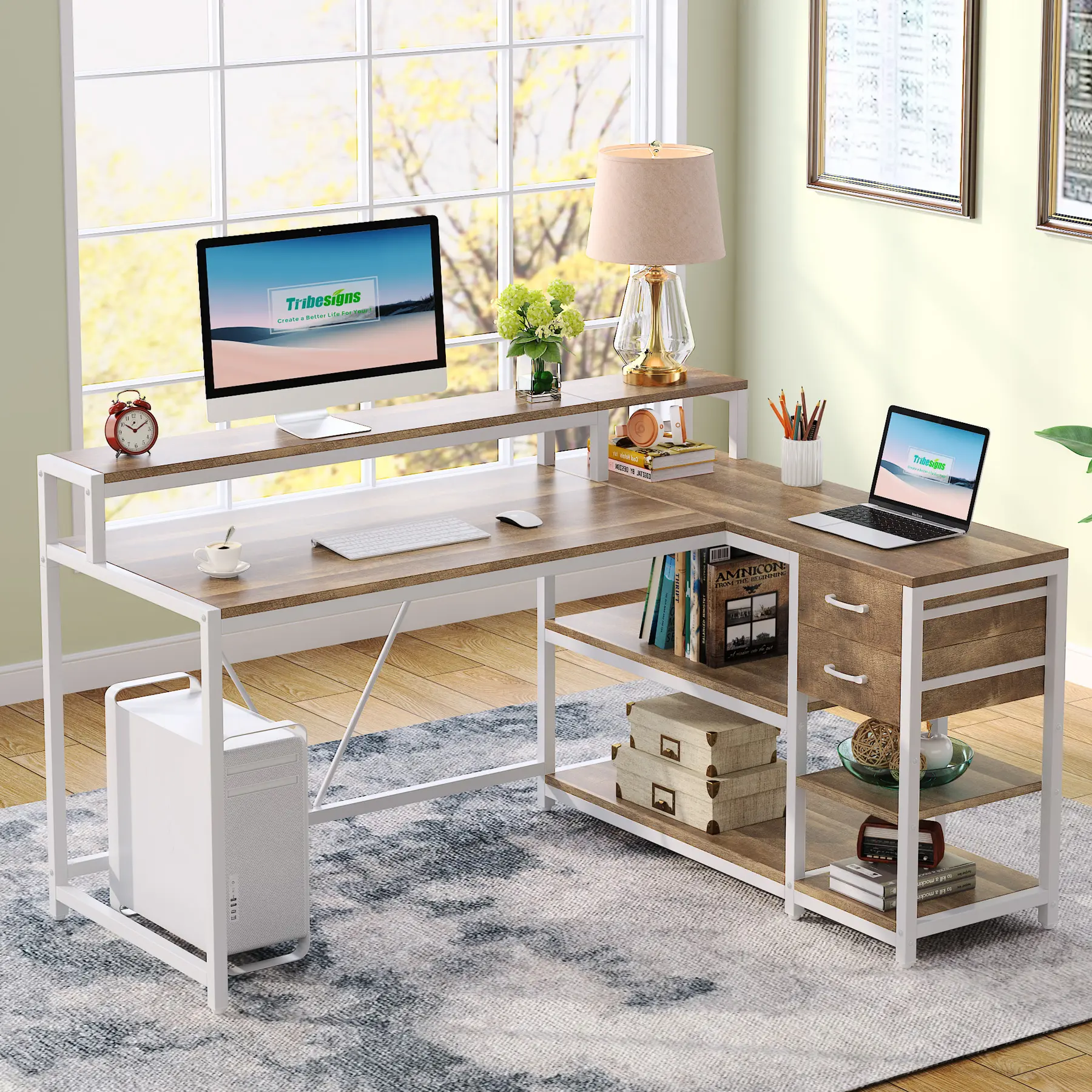 LITTLE TREE Reversible L Shaped Desk with Drawer, Storage Shelves, and Monitor Stand, Rustic Corner Desk Home Office Table for Small Space