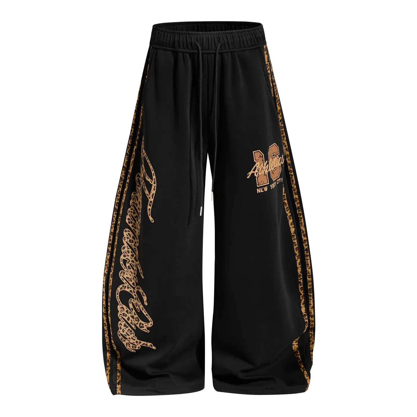 Inflation Y2K Flocked Leopard Trim Wide Leg Sweatpants Distressed Varsity Number Graphic Elastic Drawstring Waist Oversized Loose Casual Trousers