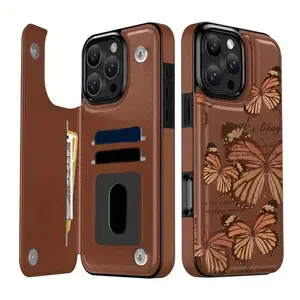 Vintage Butterfly Print Wallet Card Holder Phone Case for iPhone 17/16/15/14/13/12 Pro/Plus/Pro Max/Air