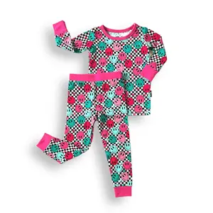 LONG SLEEVE 2 PIECE SETS- Pink Check Smile, Kids Soft Bamboo Pajama Set