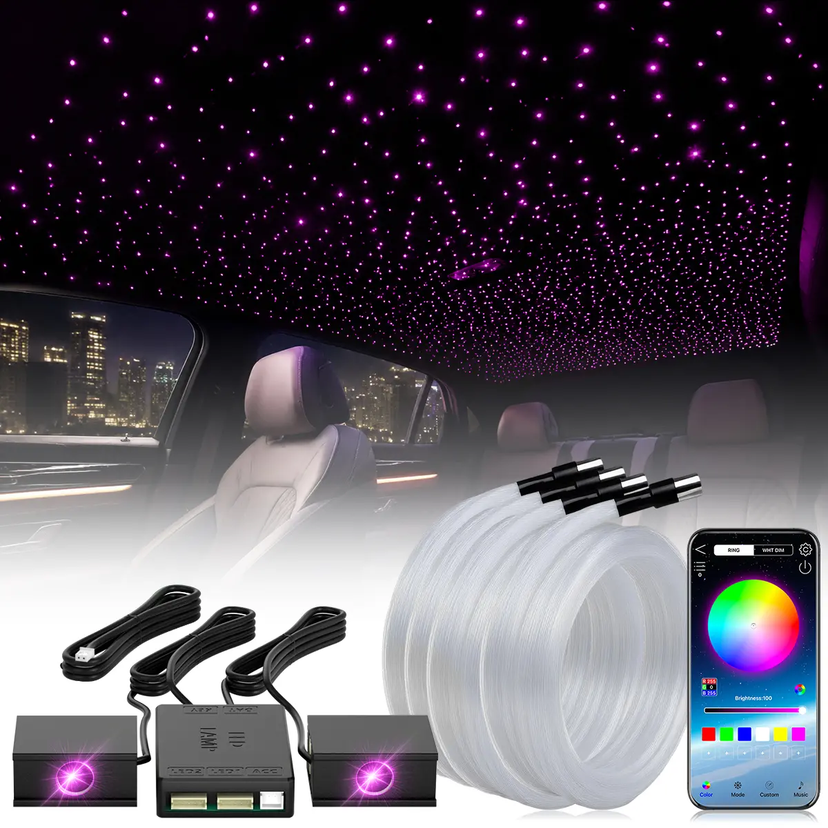 Split-Type RGBW Fiber Optic Starlight Headliner Kit, DC12V Car Ceiling Star Light with 24-Key RF Remote, Music Mode, Meteor Star Effect for Car, Home Theater