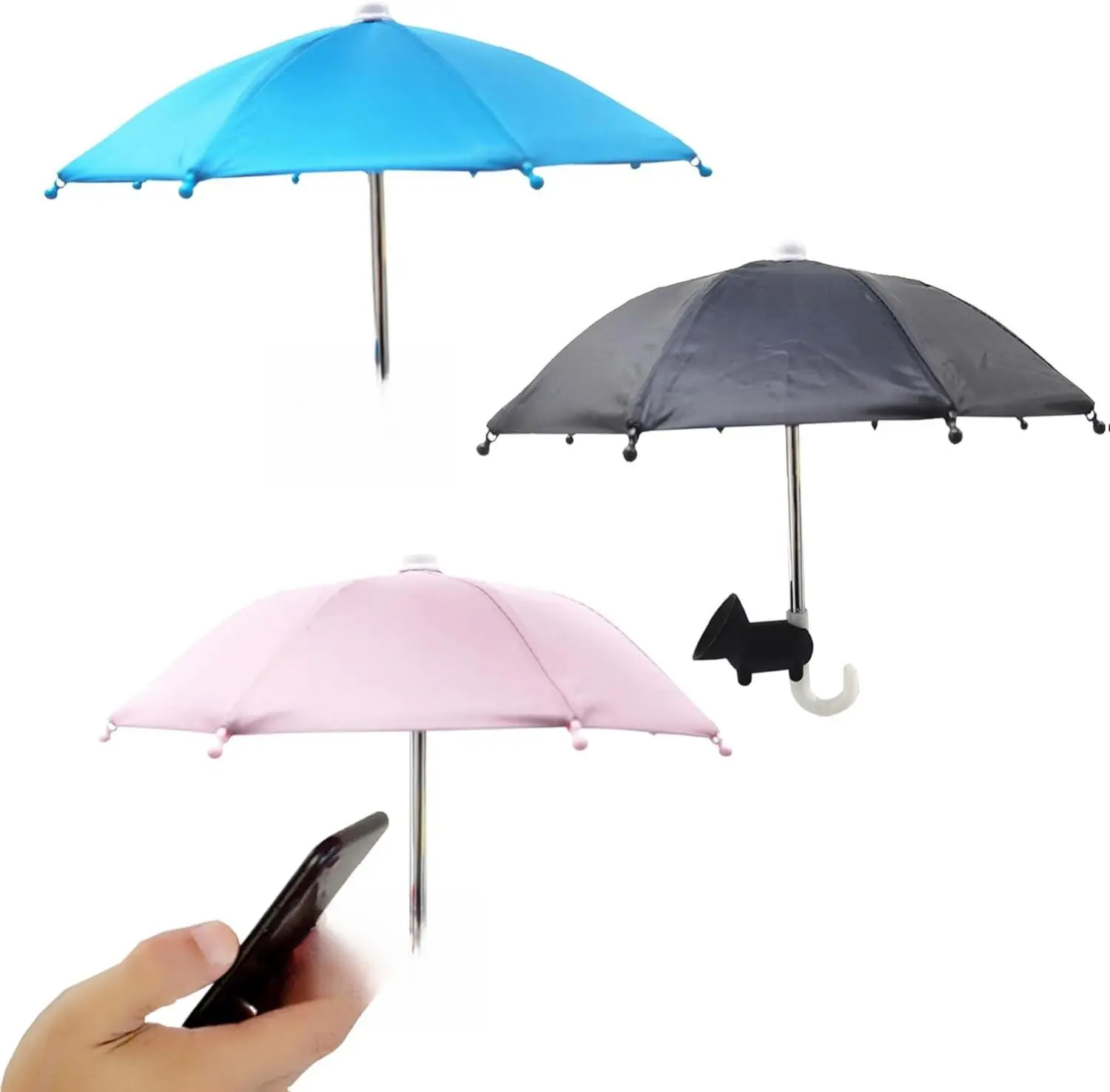 A Triple Set of Outdoor Phone Umbrellas with Adjustable Suction Cup Stands for Enhanced Sun Protection and Hands-Free Mobile Viewing