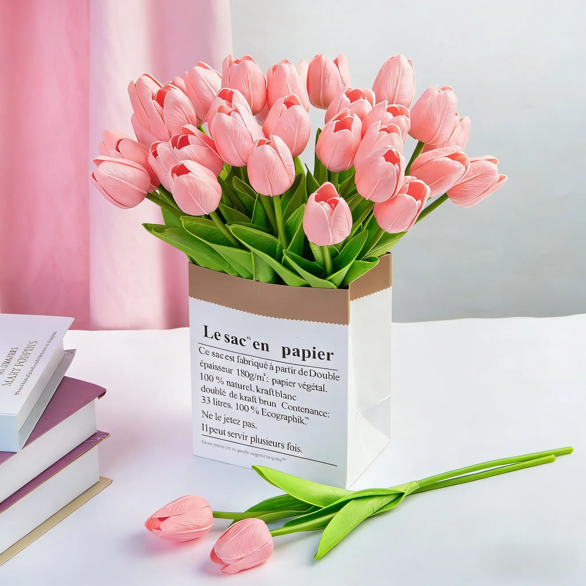 Real Touch PU Pink Artificial Tulip Flower Bouquet - Floral Tulips, Farmhouse Decorative Artificial Flowers, Lifelike Texture, Minimalist Home Decor, Mother's Day Gift