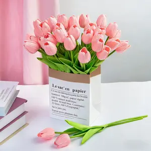 Pink Real Touch PU Artificial Tulips, Lifelike Fake Floral Bouquets, Realistic Spring Flowers for Easter, Valentine's Day, Wedding, Baby Shower, Bridal Shower; Table Centerpieces for Mantel, Shelf, Bedroom, Living Room, Kitchen, Office