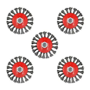 5 Pack 4 Inch Twist Knotted Wire Wheel Brush for Angle  with 5/8 Inch-11 Threaded Arbor - 0.02 Inch Carbon Steel Wire for Heavy-Duty Conditioning for Various Metals