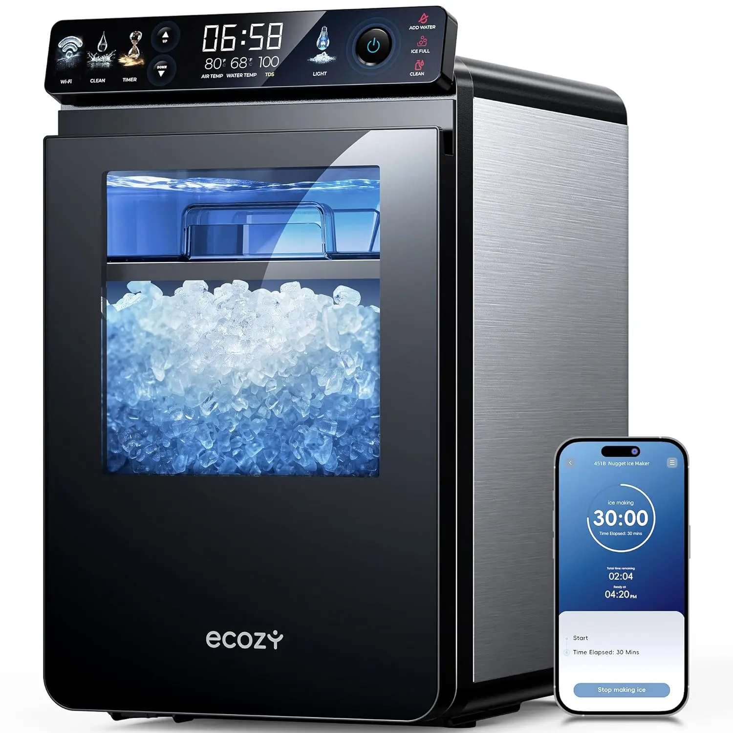 ecozy Nugget Ice Maker Countertop, Smart Pebble Ice Machine with APP Control, 44 lbs/24H Soft Pellet Chewable Ice with Self-Cleaning, Stainless Steel summerwins