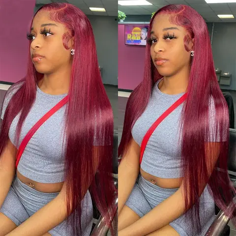 Burgundy Wig Human Hair Bone Straight 13x6 13x4 HD Transparent Lace Wig 99J Red Human Hair Wig Colored Reddish Brown Lace Frontal Wigs 180% Density Pre Plucked