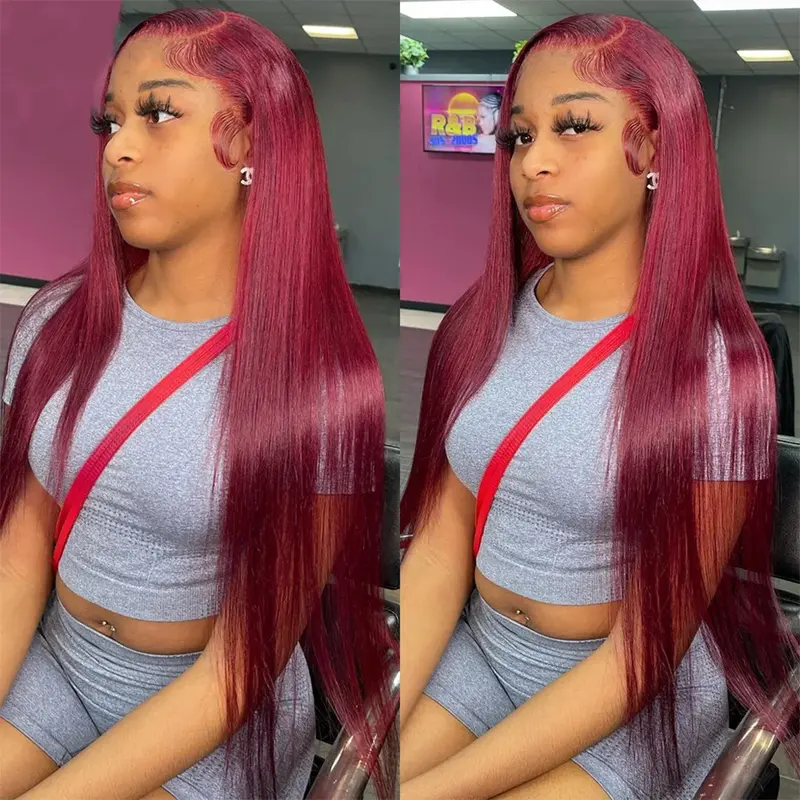 Burgundy Wig Human Hair Bone Straight 13x6 13x4 HD Transparent Lace Wig 99J Red Human Hair Wig Colored Reddish Brown Lace Frontal Wigs 180% Density Pre Plucked